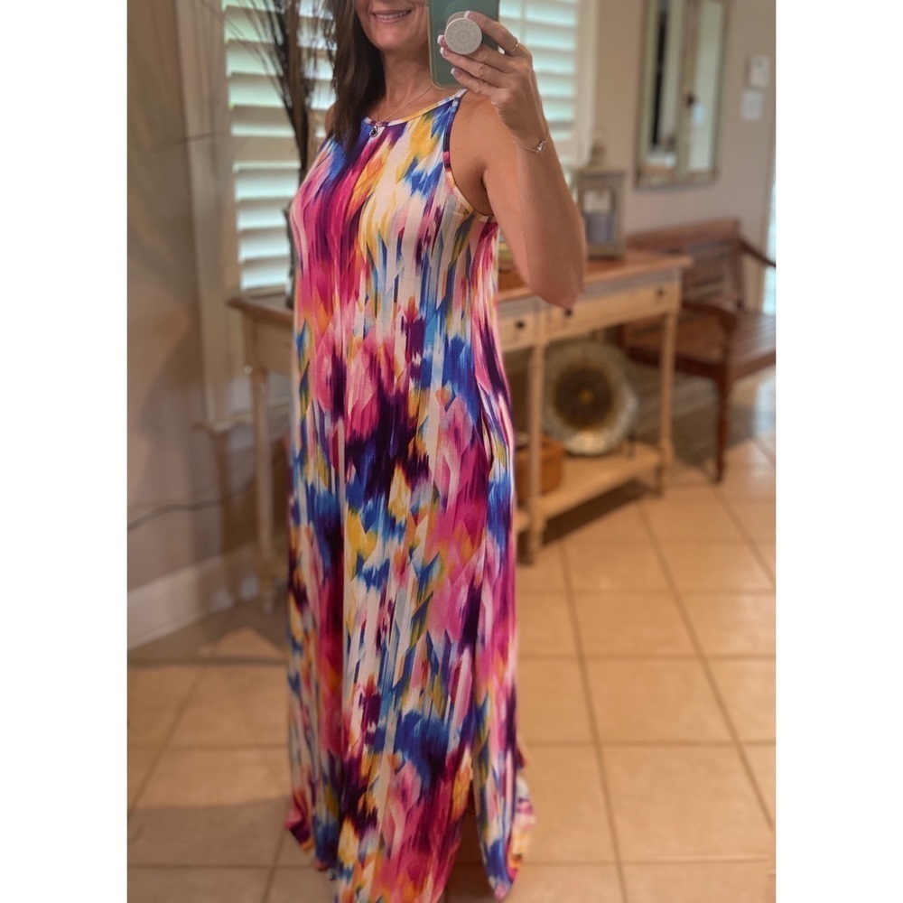 Vibrant Tie Dye Long Tank Maxi Dress Pockets 3020 - Picture 4 of 5